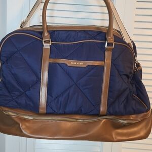 ANNE KLEIN Navy Quilted Weekender Bag Brown Faux Leather Dual Compartment 20x14
